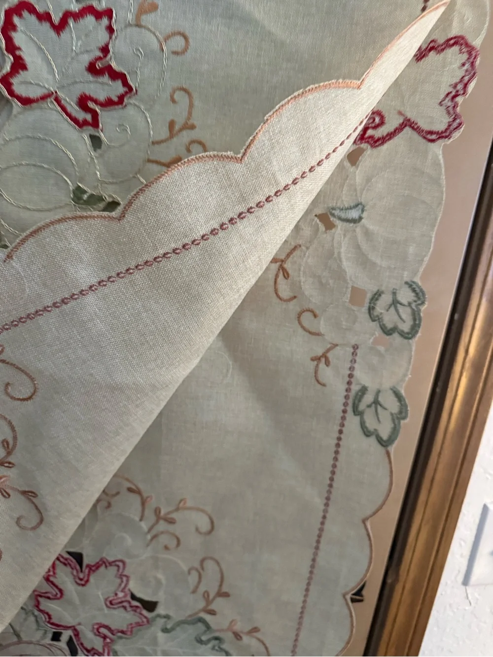Scalloped Edge Table Runner in Cream with Rust Embroidery